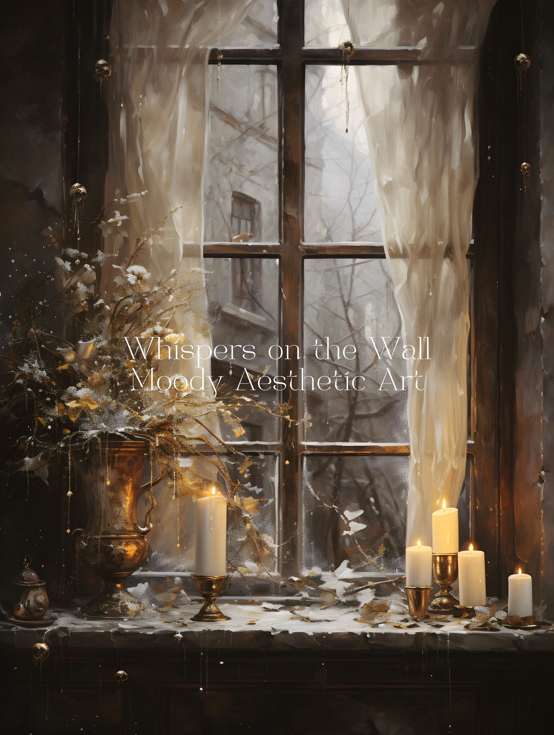 Moody Candlelit Window with Snowy Branches Dark Academia Poster - Image 5