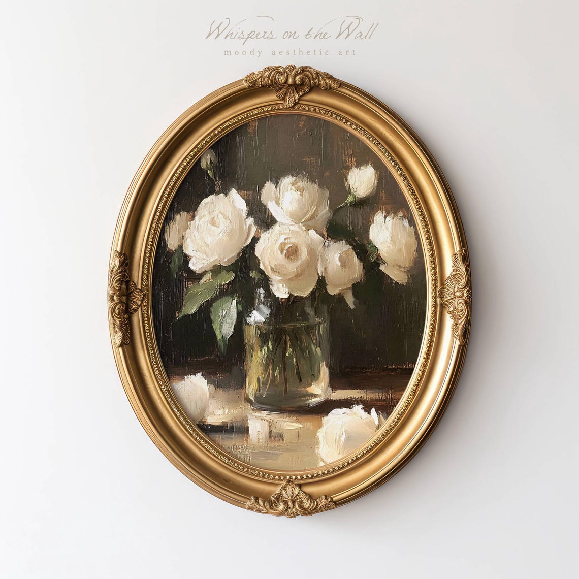 White Roses In Glass Vase Moody Dark Background Floral Poster - Image 3