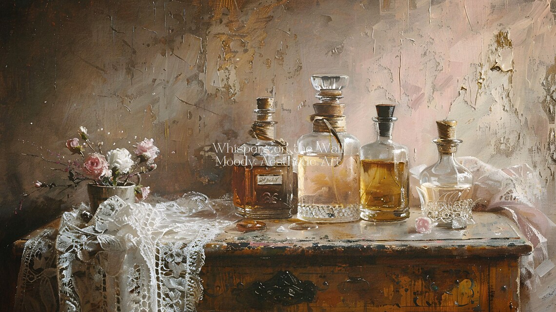 Antique Perfume Bottles on Lace Vanity Still Life Painting Poster - Image 5