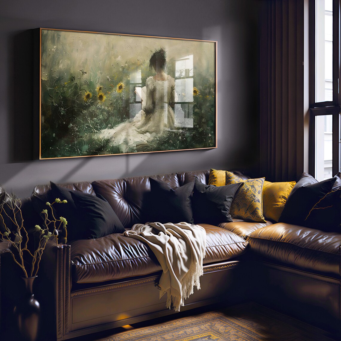 Woman Reading Among Sunflowers In Misty Garden Vintage Painting Poster - Image 6
