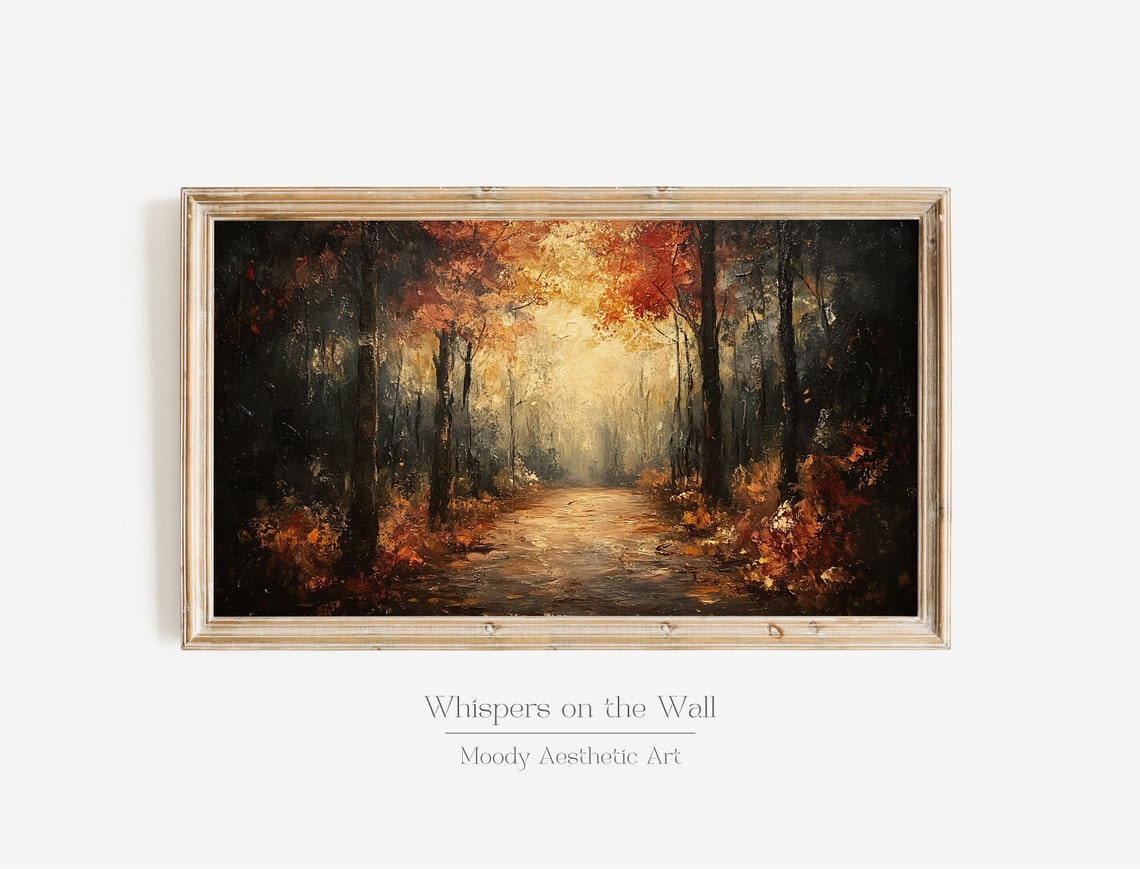 Autumn Forest Path Glowing Light Dramatic Fall Landscape Oil Poster