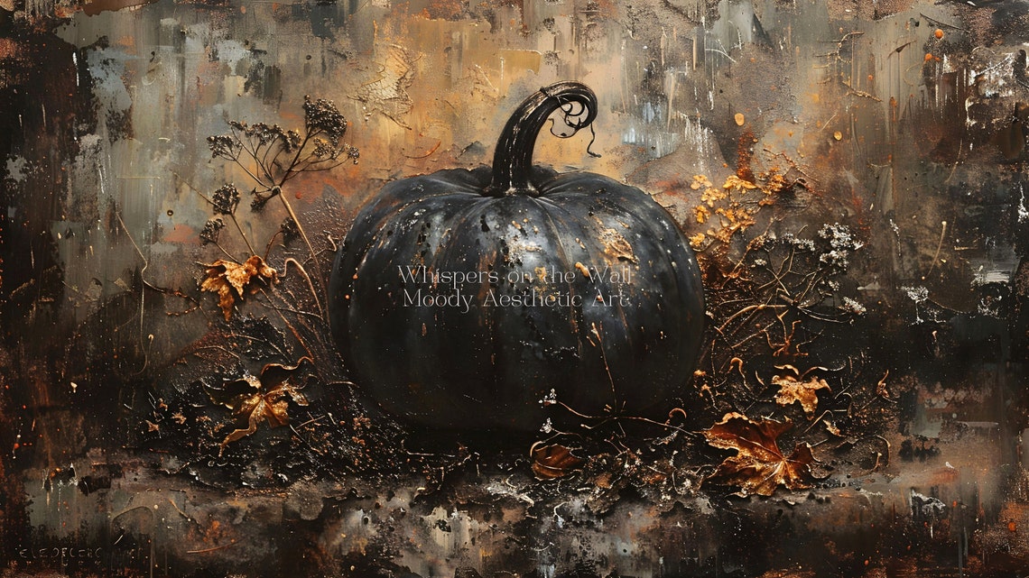 Single Black Pumpkin with Fall Foliage Dark Still Life Poster - Image 5