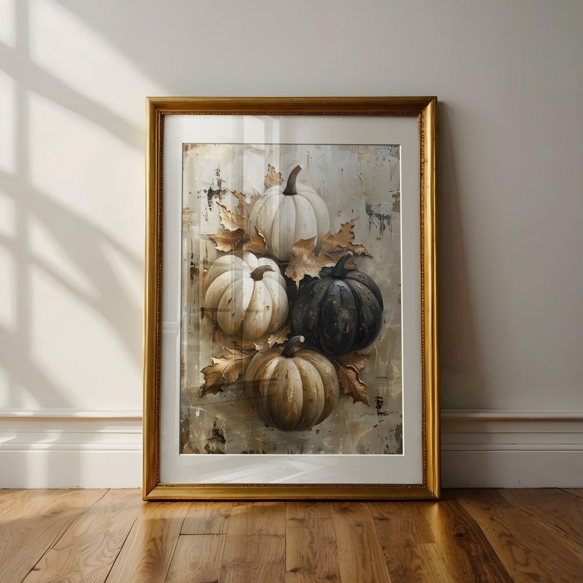 White and Black Pumpkins Stack Neutral Fall Art Painting Poster - Image 3