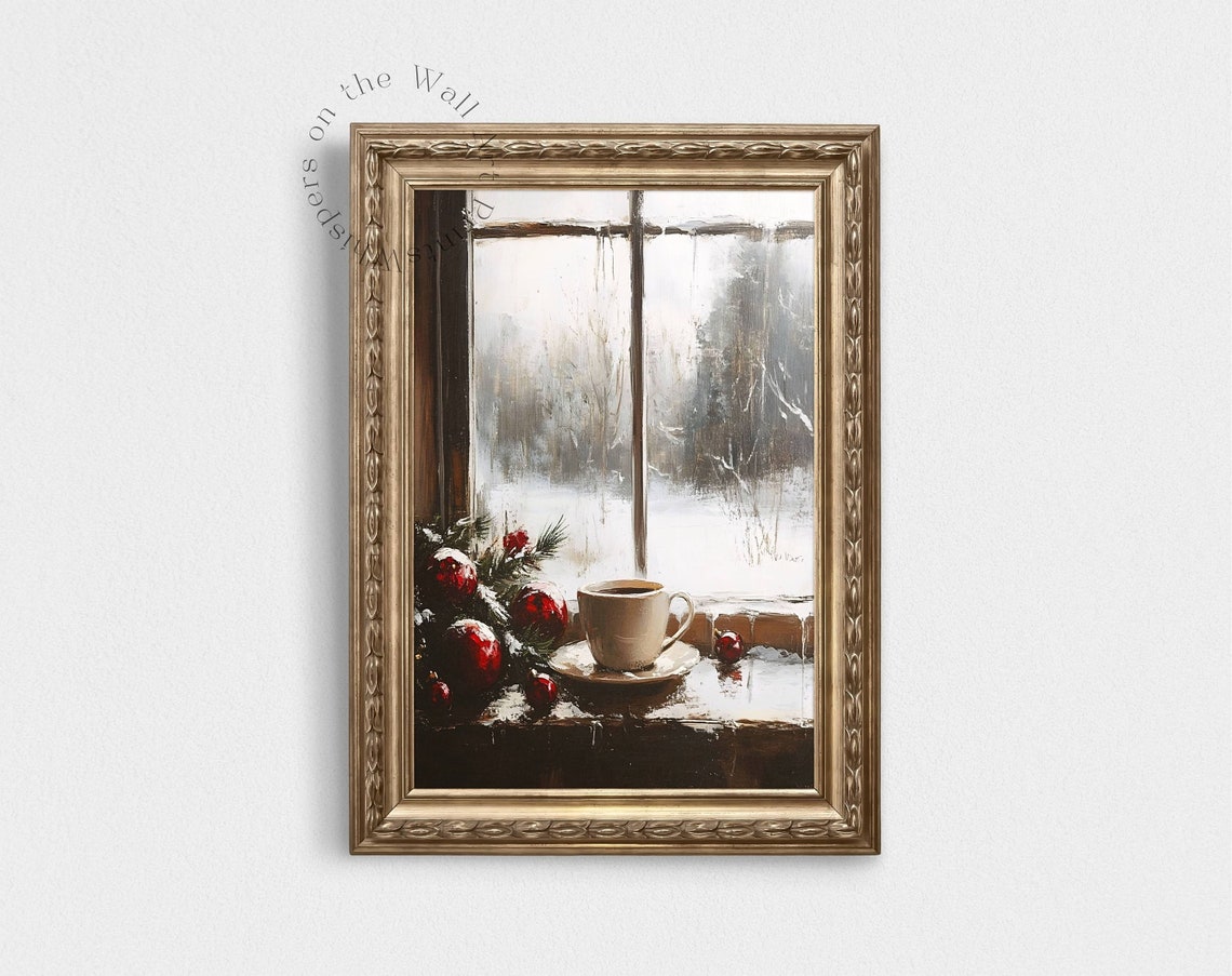 Christmas Coffee on Snowy Window with Ornaments Vintage Holiday Poster - Image 2