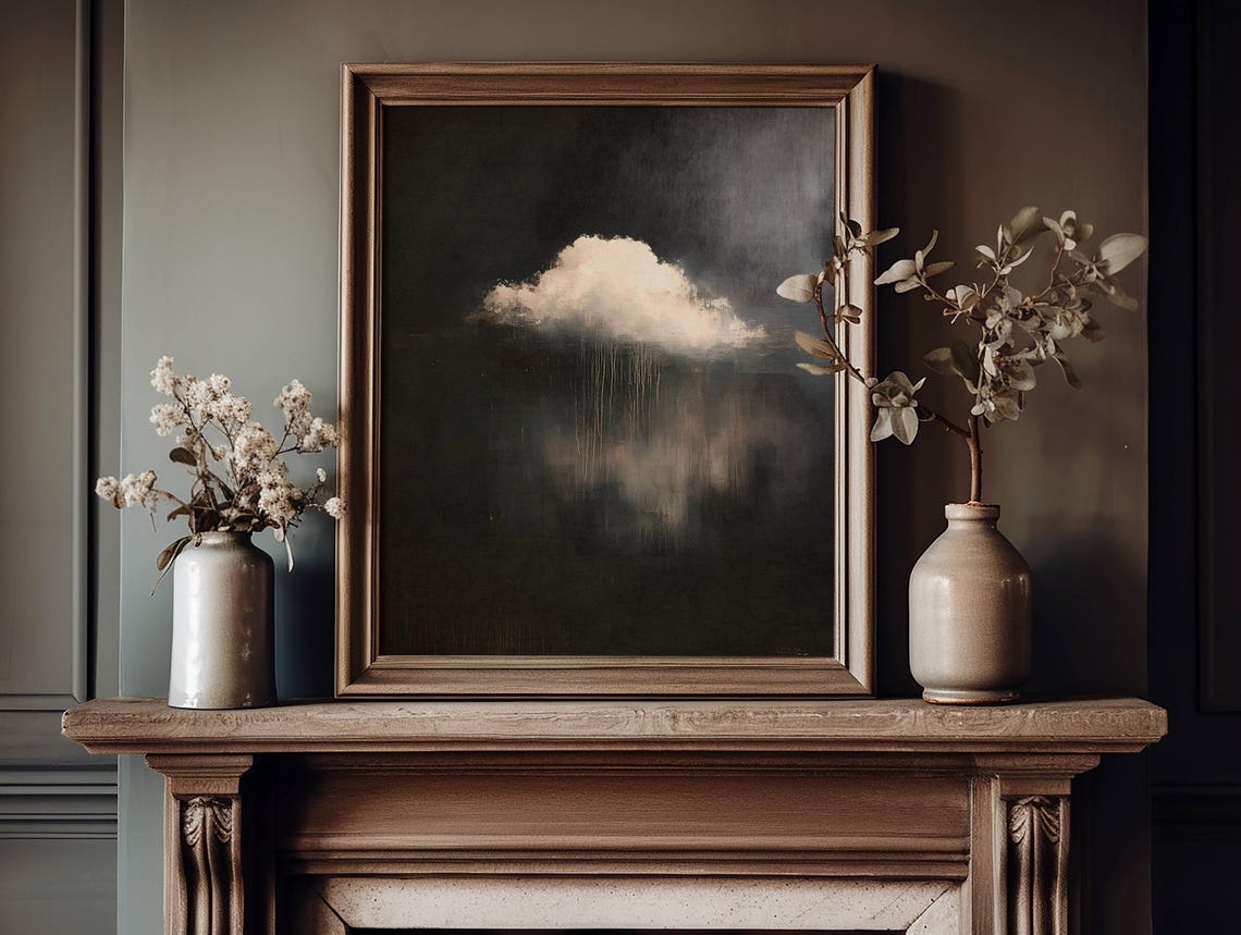 Moody White Rain Cloud On Dark Night Sky Minimalist Art Poster - Image 2