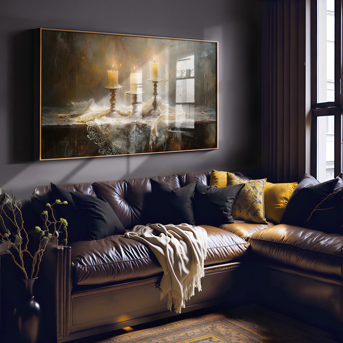 Three Lit Candles on Lace Dark Gothic Still Life Painting Poster - Image 5
