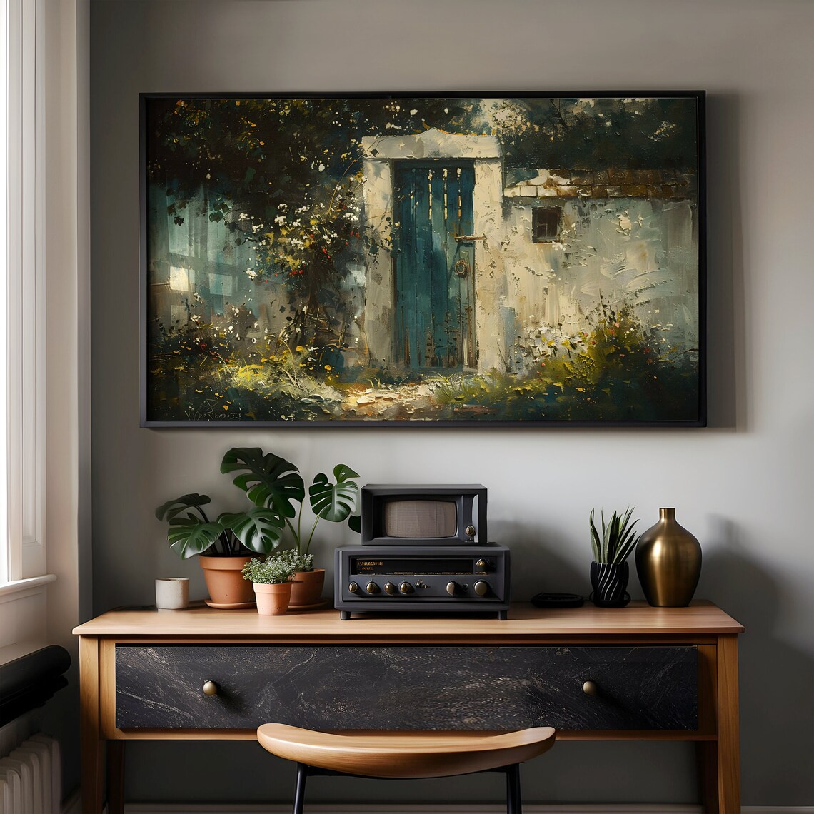 Weathered Blue Wooden Door In White Wall With Overgrown Garden Poster - Image 3