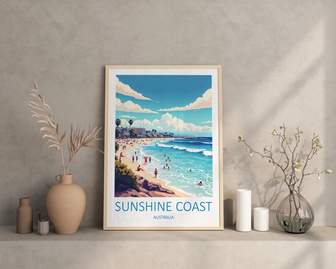 Sunshine Coast Australia Beach Day With Swimmers and Surf Poster - Image 2