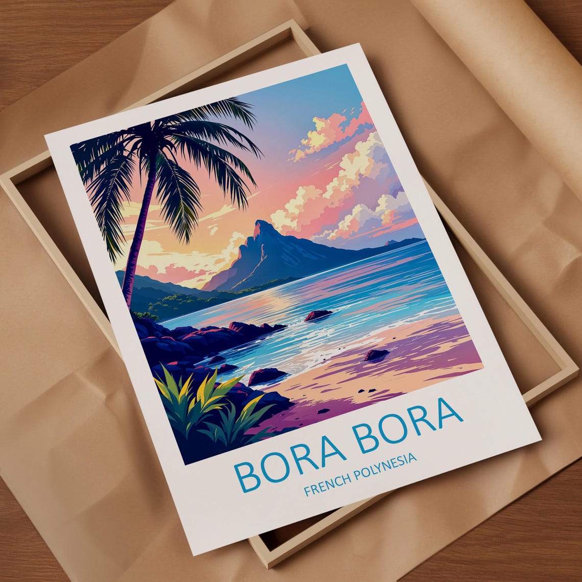 Bora Bora French Polynesia Sunset Palm Beach Over Lagoon Island Poster - Image 4