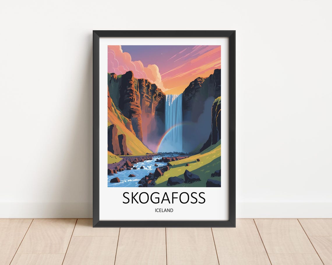 Skogafoss Iceland Waterfall Rainbow Canyon Sunset Scenic Travel Poster