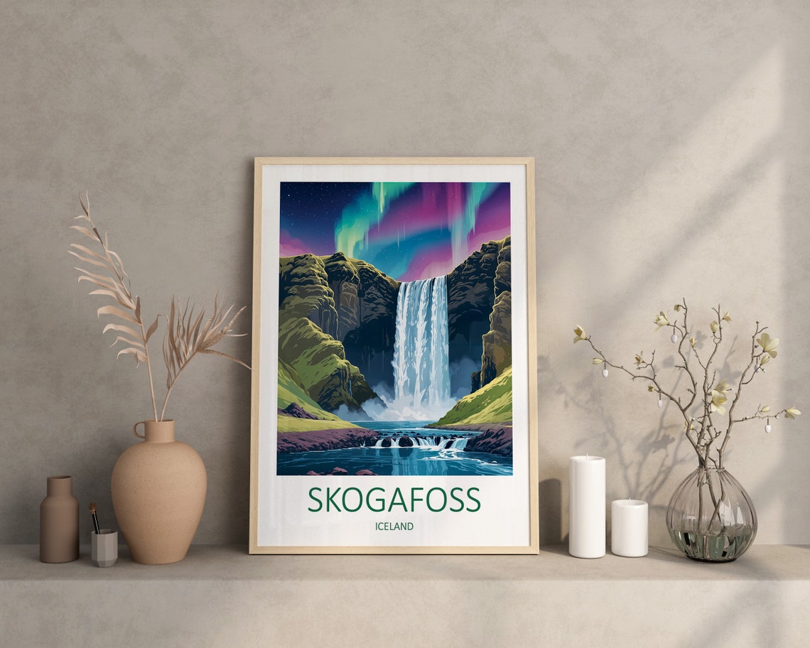 Skogafoss Iceland Waterfall Under Northern Lights Night Poster - Image 4