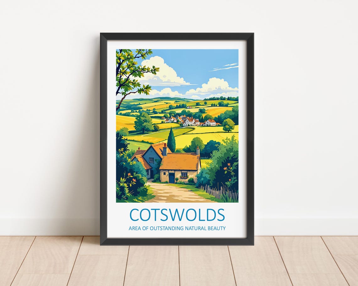 Cotswolds England Rolling Countryside Village and Stone Cottage Poster