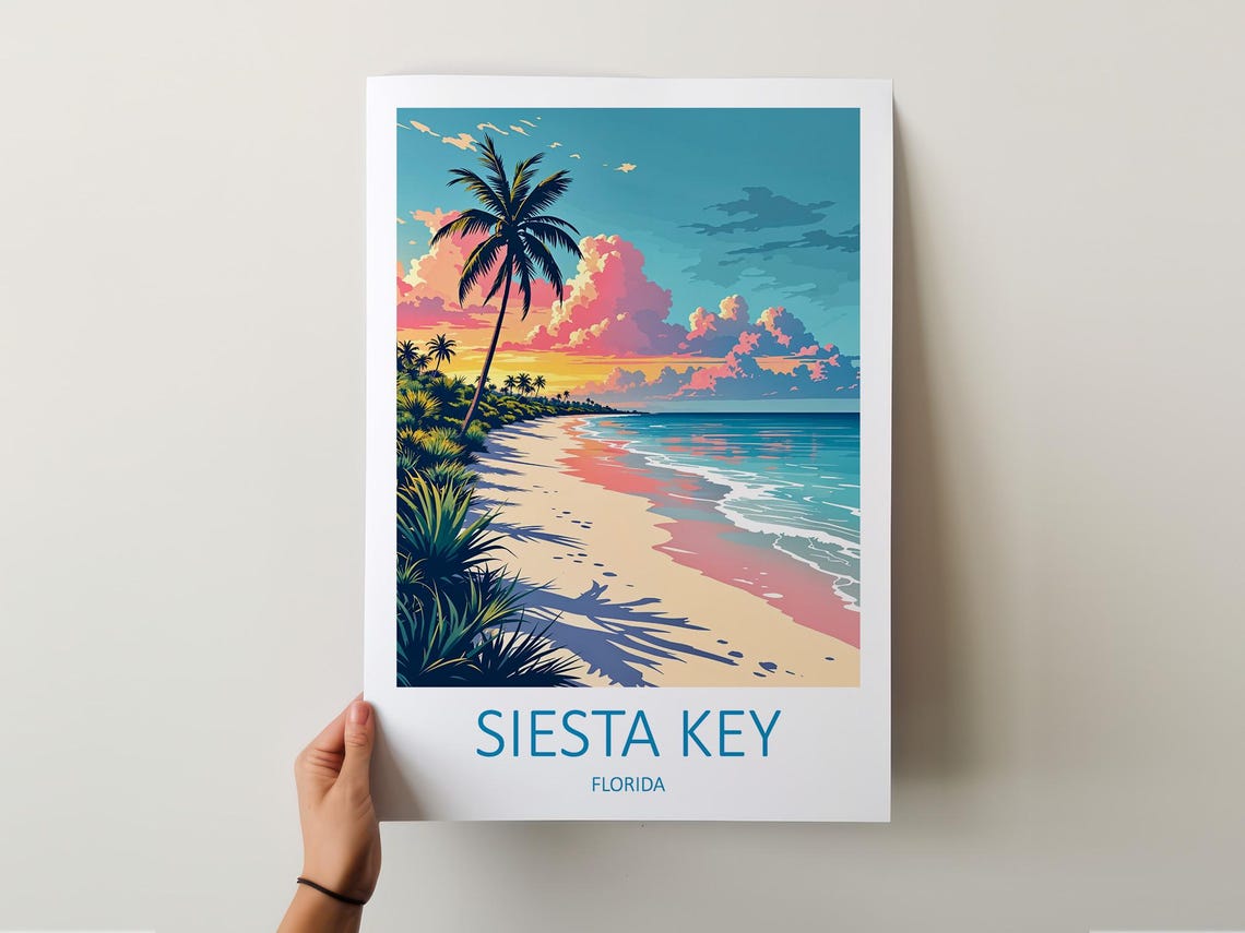 Siesta Key Florida Palm Beach at Sunset With Pastel Sky Poster - Image 5