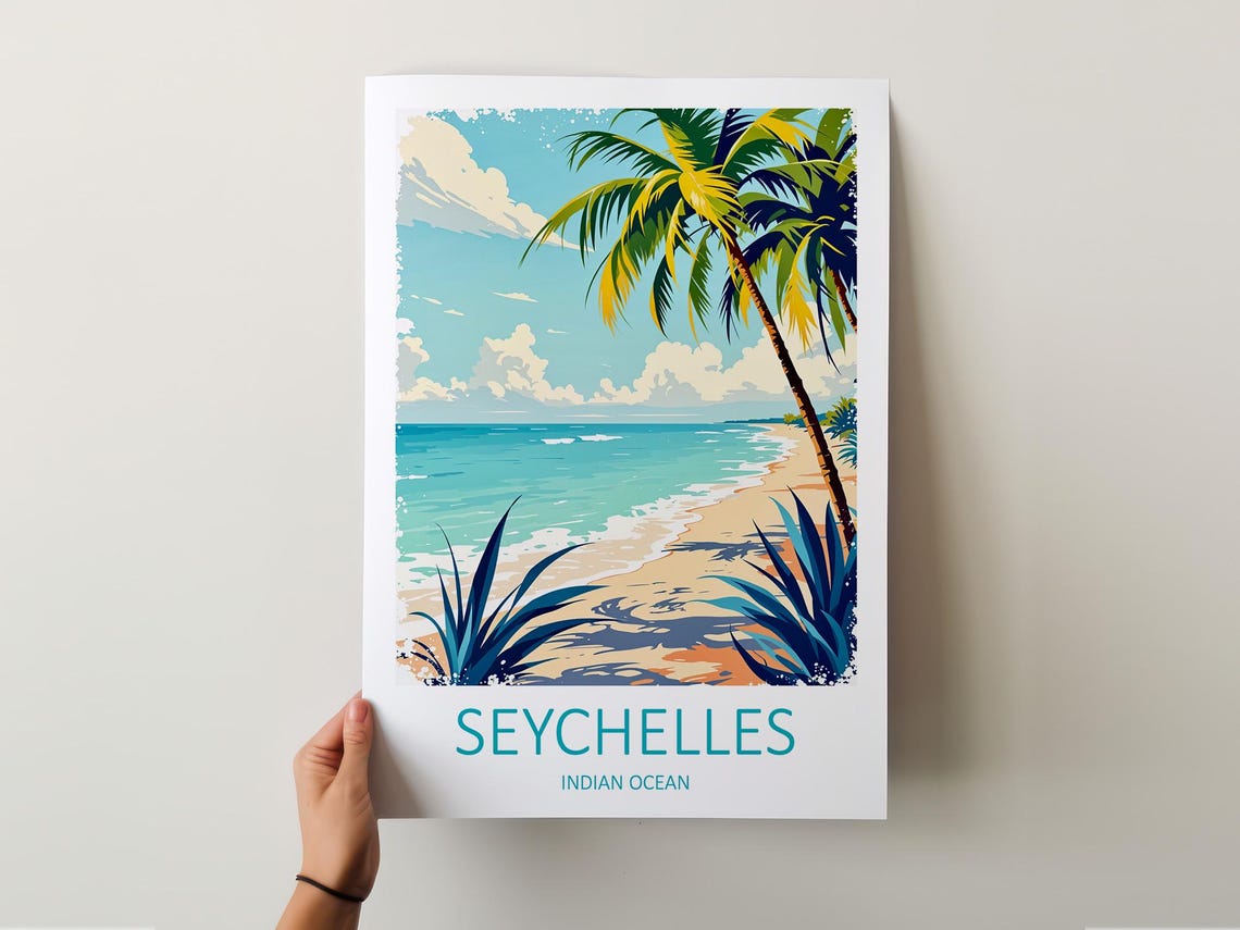 Seychelles Indian Ocean Palm Beach Tropical Shoreline Travel Poster - Image 6