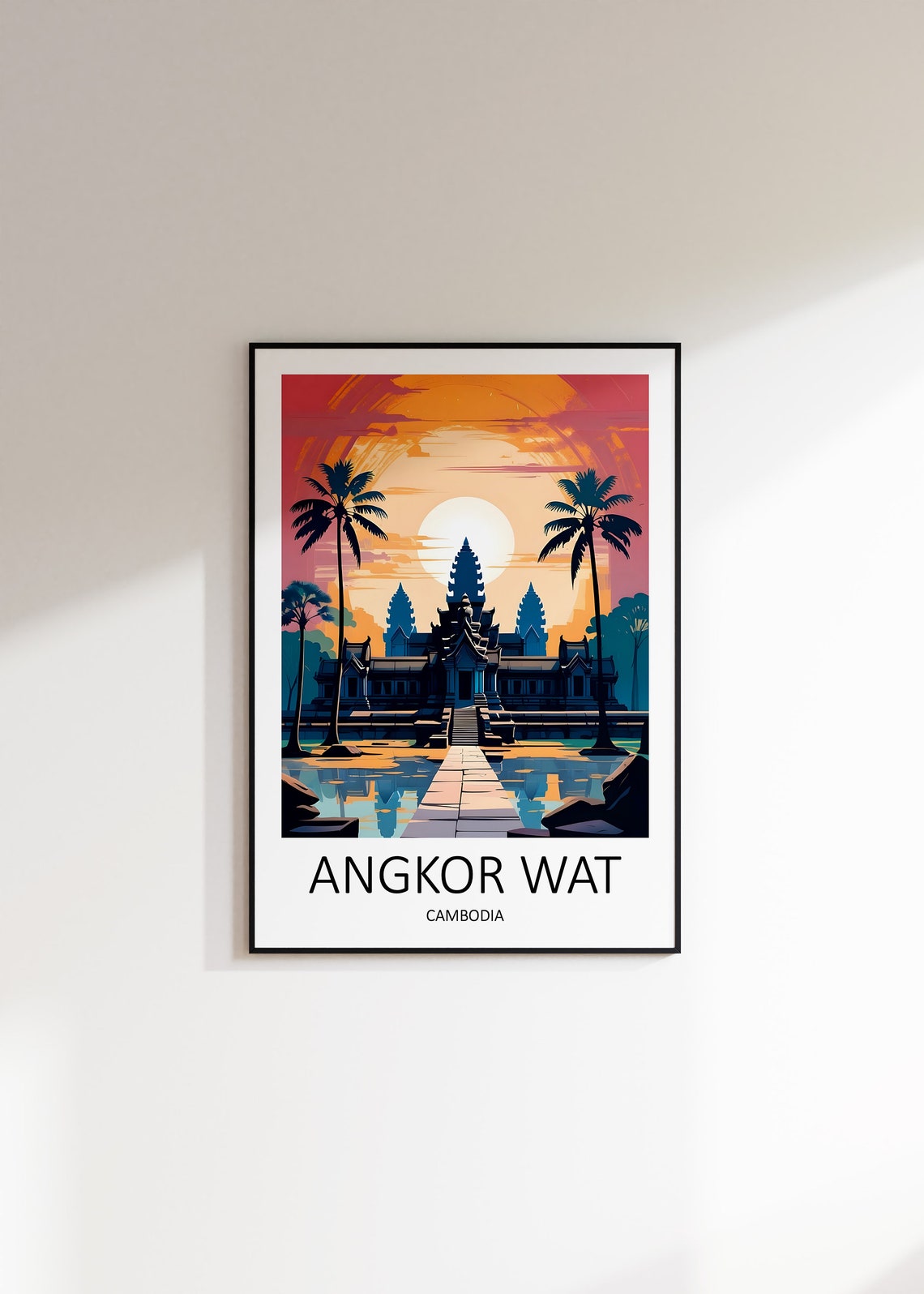 Angkor Wat Cambodia Temple Sunset Palms Reflection Travel Poster - Image 3