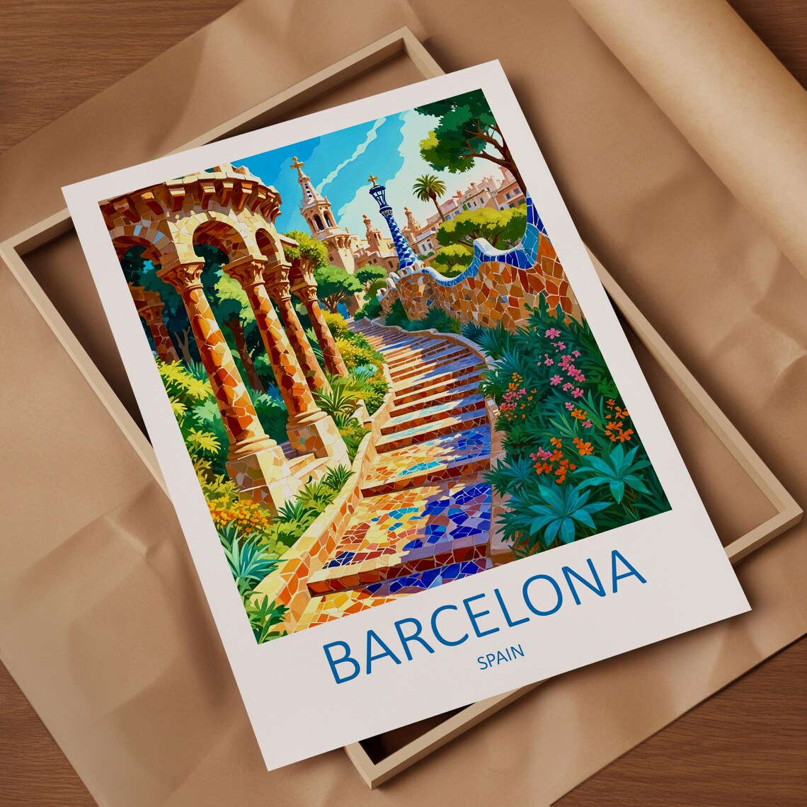 Barcelona Spain Park Guell Mosaic Stairs Gaudi Garden Art Poster - Image 4