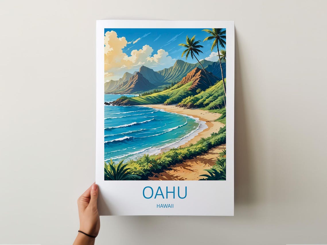 Oahu Hawaii Beach With Green Mountains and Turquoise Surf Poster - Image 5