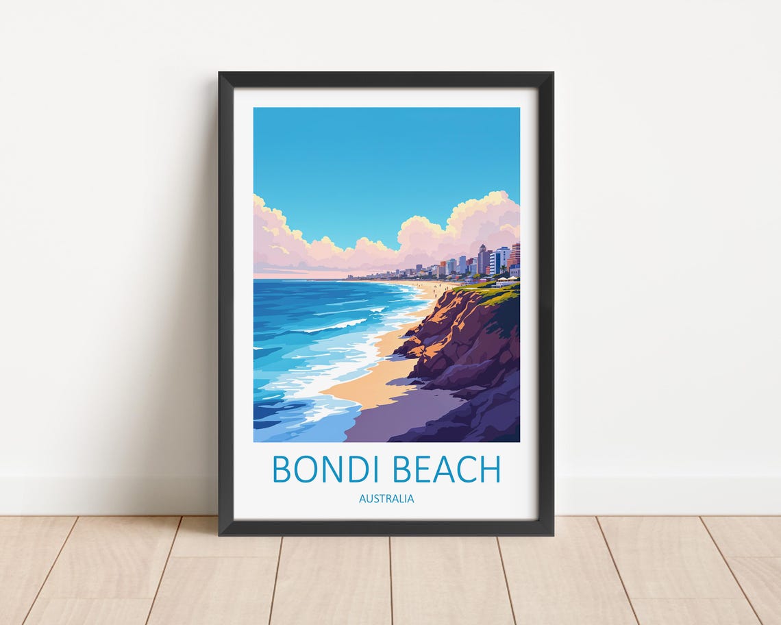 Bondi Beach Australia Surf Beach Cliffs and City Skyline Poster