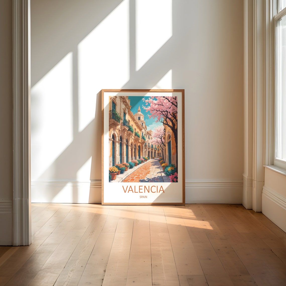 Valencia Spain Blossom Lined Historic Old Town Street in Spring Poster - Image 6