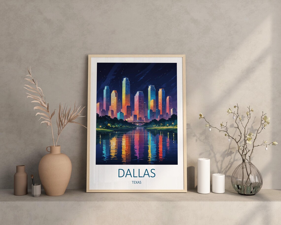 Dallas Texas Night Skyline With Bright Colorful City Lights Poster - Image 2
