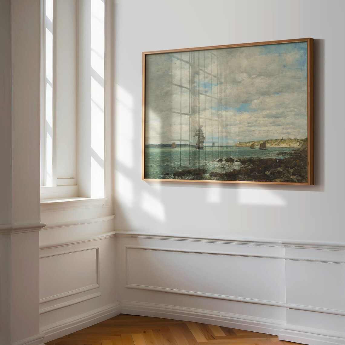 Vintage Cloudy Coastal Seascape, Rustic Painting - Image 3
