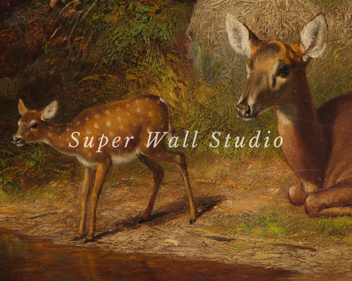Doe And Twin Fawns By Forest Stream Classic Wildlife Painting Poster - Image 2