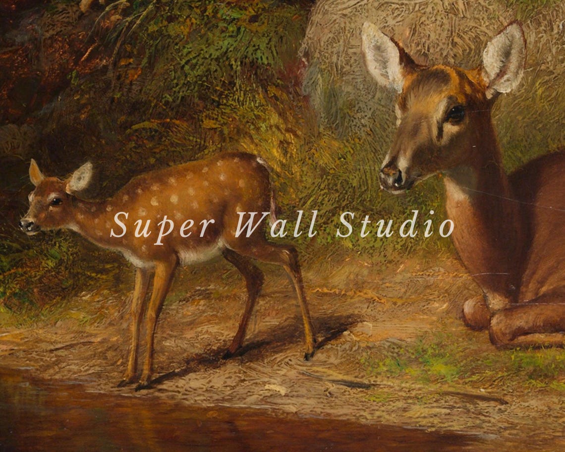 Vintage Deer And Fawn In Forest Art Print Nature Painting Wall Art Oil Painting Childrens Nursery Art A 47 - Image 2