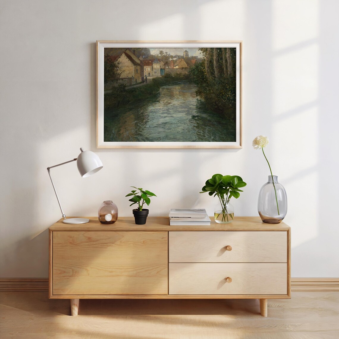 Vintage Riverside Village Poster, Rustic Landscape - Image 2
