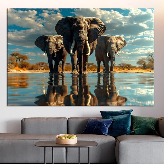African Elephants Watering Hole Reflection Family Herd Safari Wall Art Poster