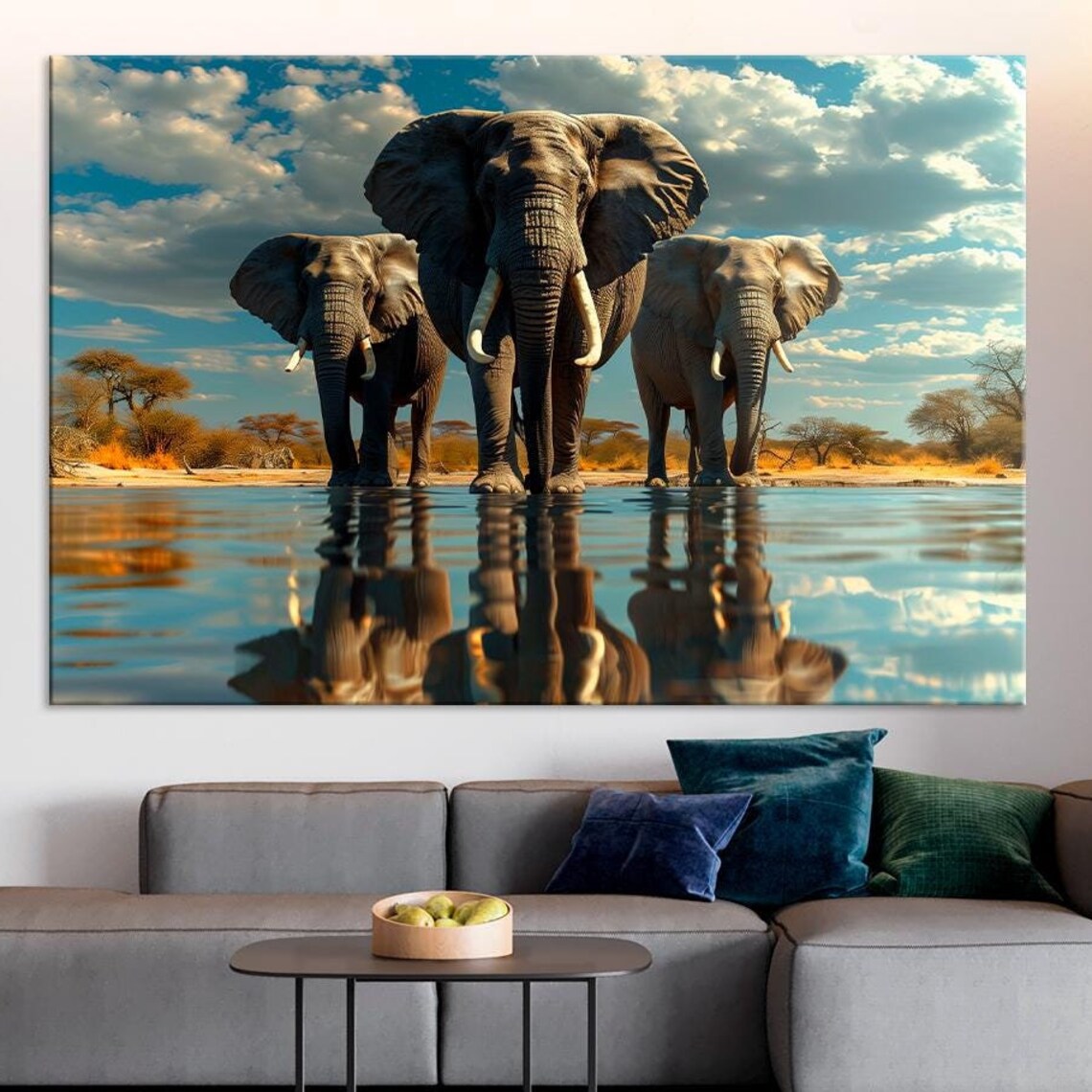 African Elephants Watering Hole Reflection Family Herd Safari Wall Art Poster