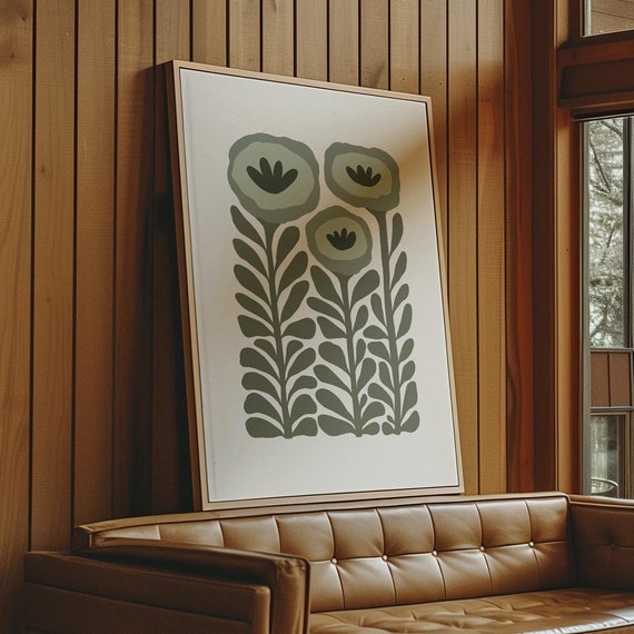 Abstract Sage Green Flower Art Print Mid Century Wall Art Matisse Style Floral Poster Green And White Botanical Print Modern Flower Print