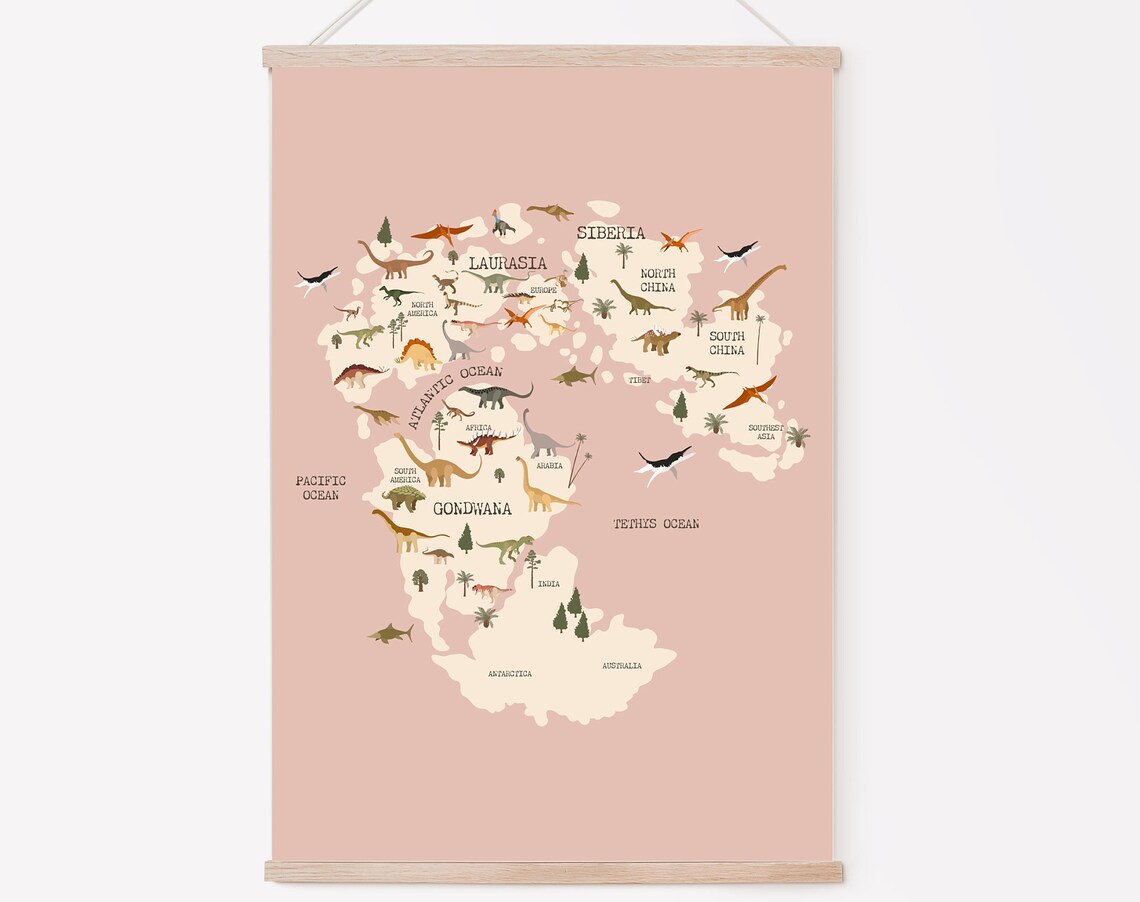 Dinosaur World Map Nursery Art Print, Boho