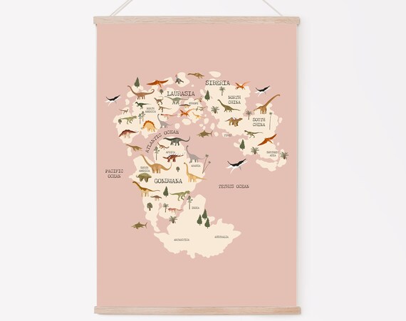 Dinosaur World Map Nursery Art Print, Boho