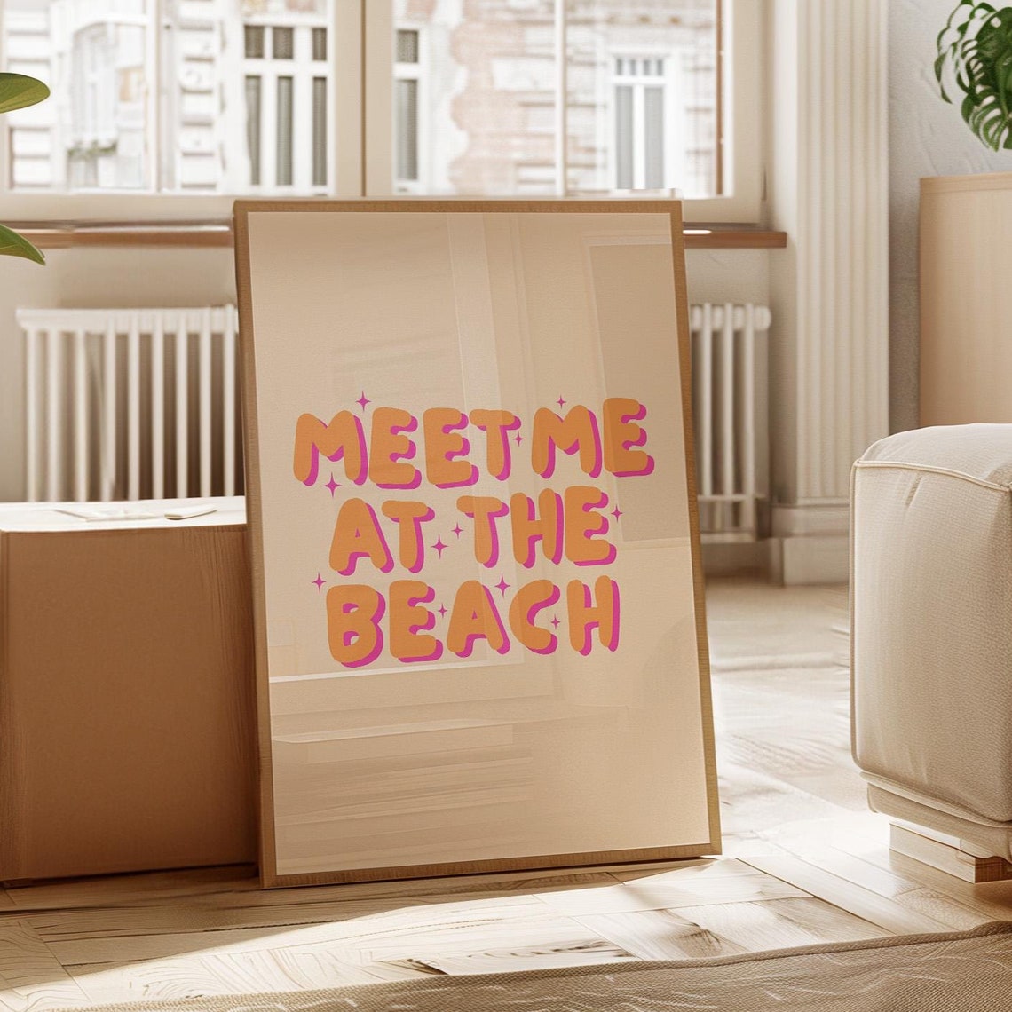 Meet Me At The Beach Orange Bubble Letter Groovy Summer Poster