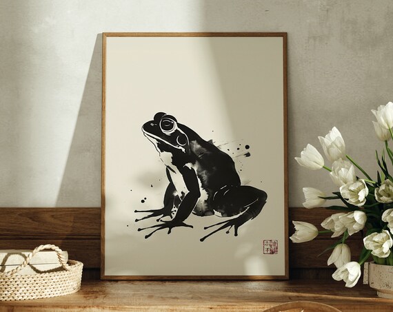 Japanese Black Ink Frog with Red Seal Minimalist Style Poster