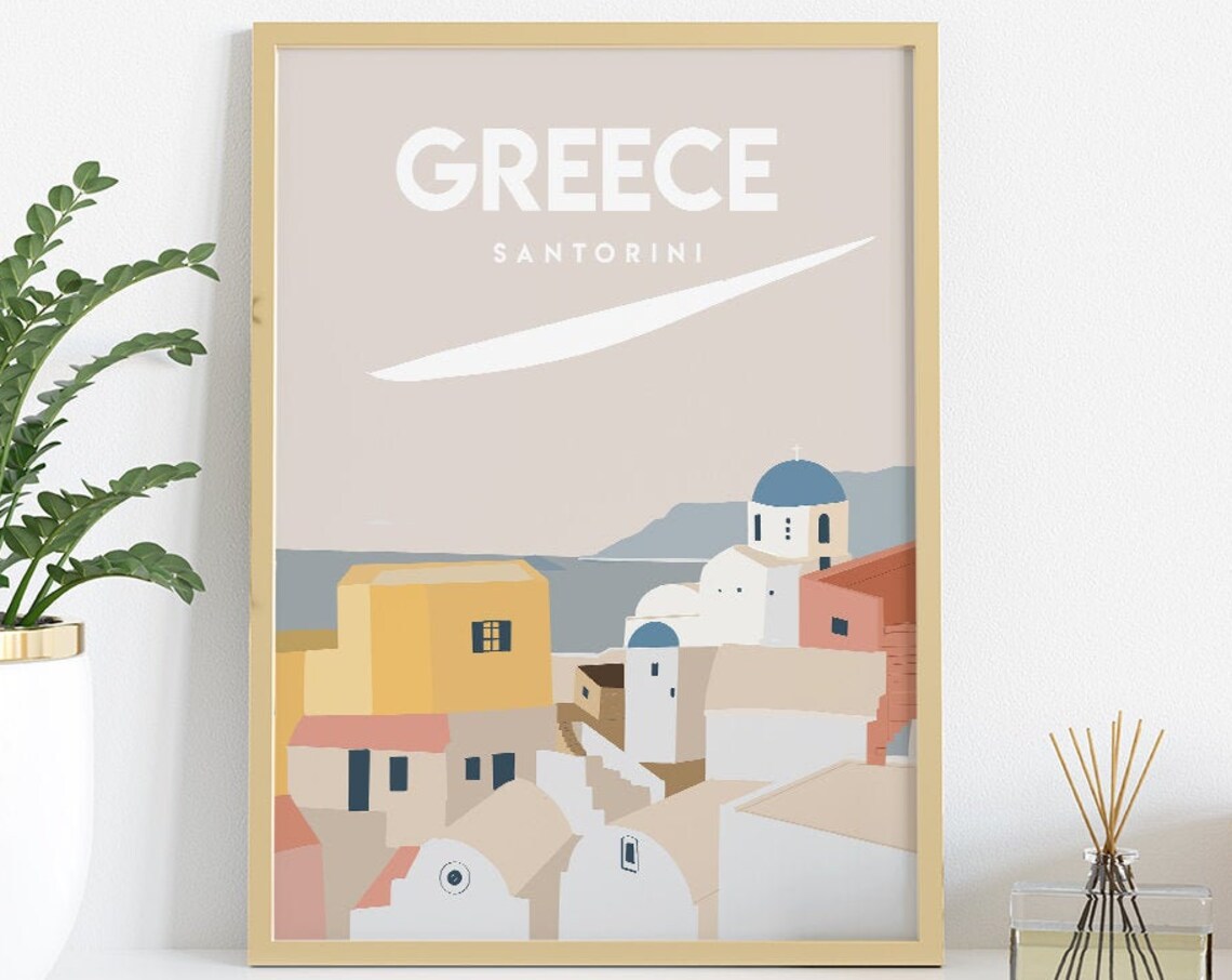 Santorini Greece Travel Poster Blue Domes Village Aegean Style
