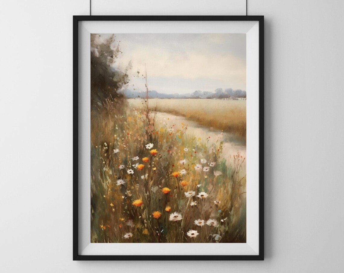 Wildflower Meadow Daisies Watercolor Countryside Path Painting Poster