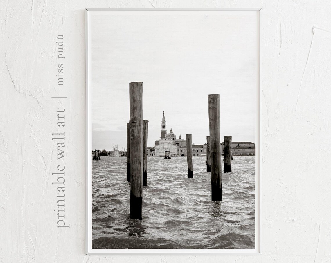 Venice Lagoon Wooden Poles Black And White Italian Cityscape Print - Image 2
