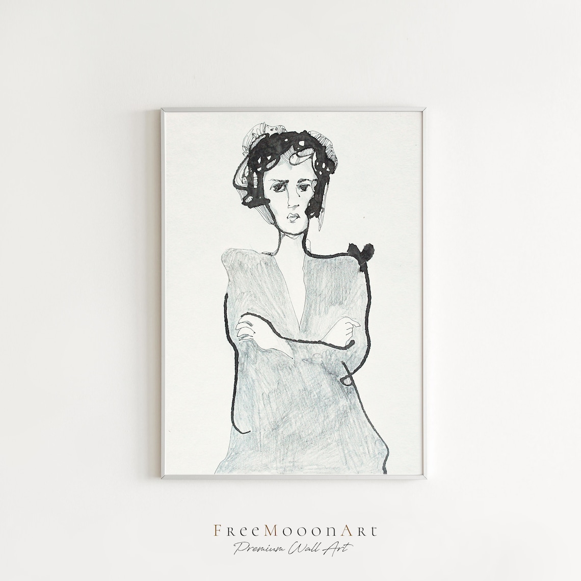 Small Monochrome Ink Sketch Seated Nude Figure Line Art Poster - Image 3