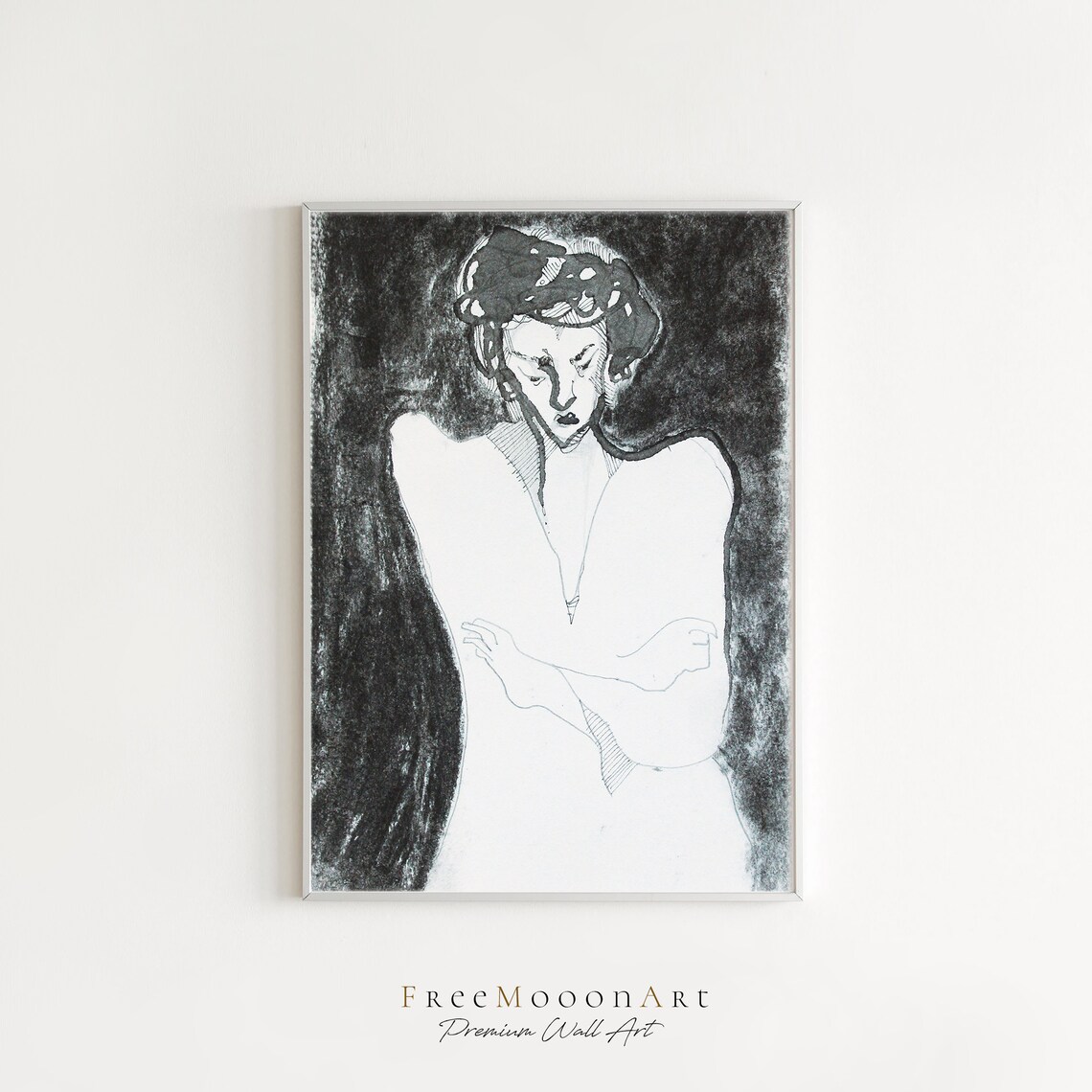 Black Wash Ink Seated Female Figure Sketch Monochrome Poster - Image 2