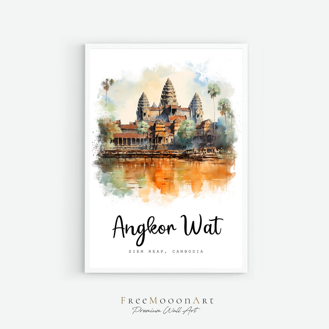 Angkor Wat Cambodia Temple Sunset Reflection Watercolor Poster