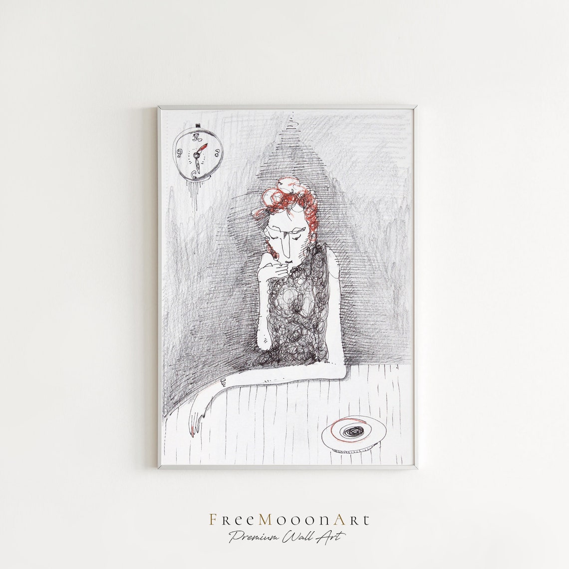 Sketch of Red Haired Woman Waiting Clock Coffee Table Poster