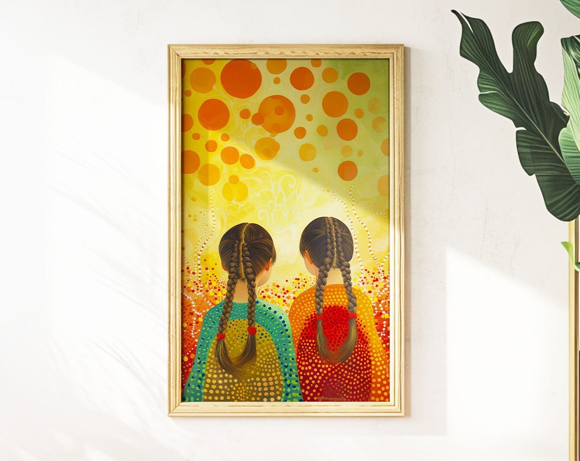 Beautiful Twin Sisters Braids Golden Sun Indigenous Artwork Poster