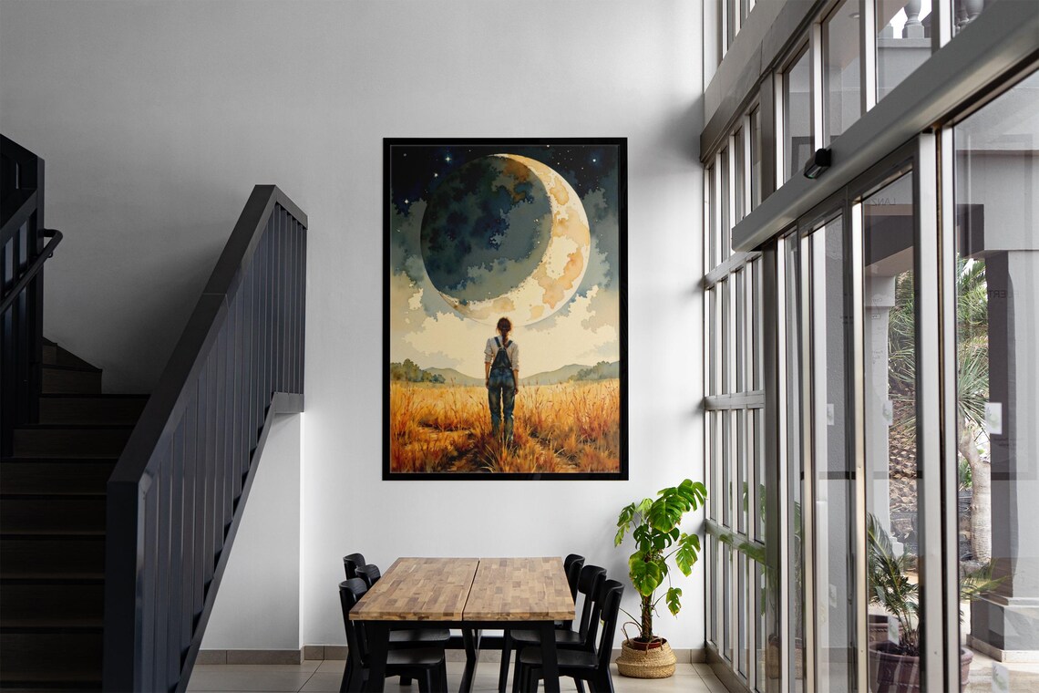 Woman in Overalls Beneath a Giant Crescent Moon Watercolor Poster - Image 2