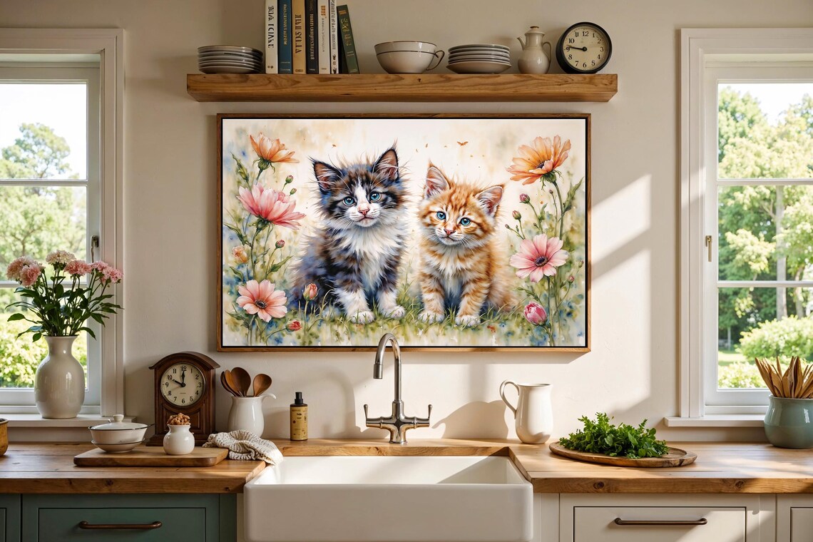 Two Playful Kittens Among Tall Cosmos Flowers Watercolor Poster - Image 3