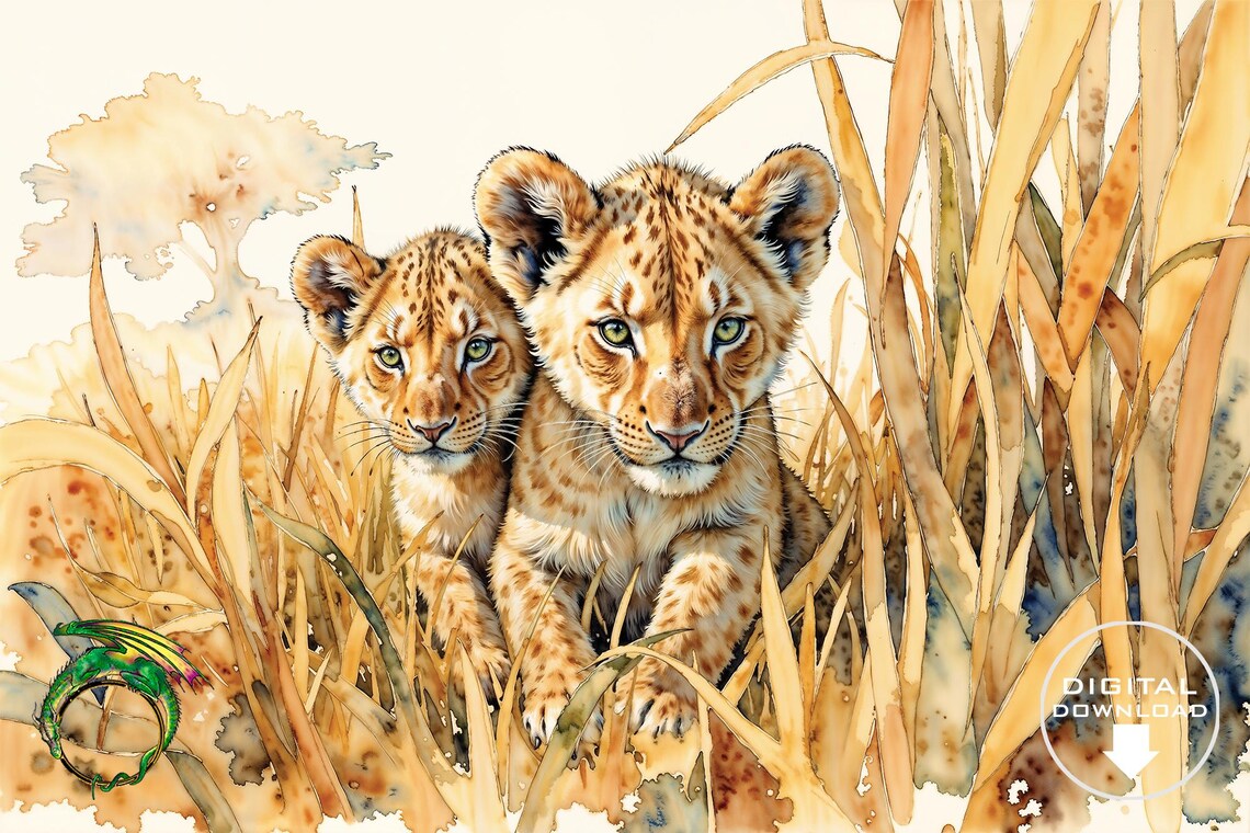 Two Curious Lion Cubs in Tall Grass Intimate Close-Up Poster