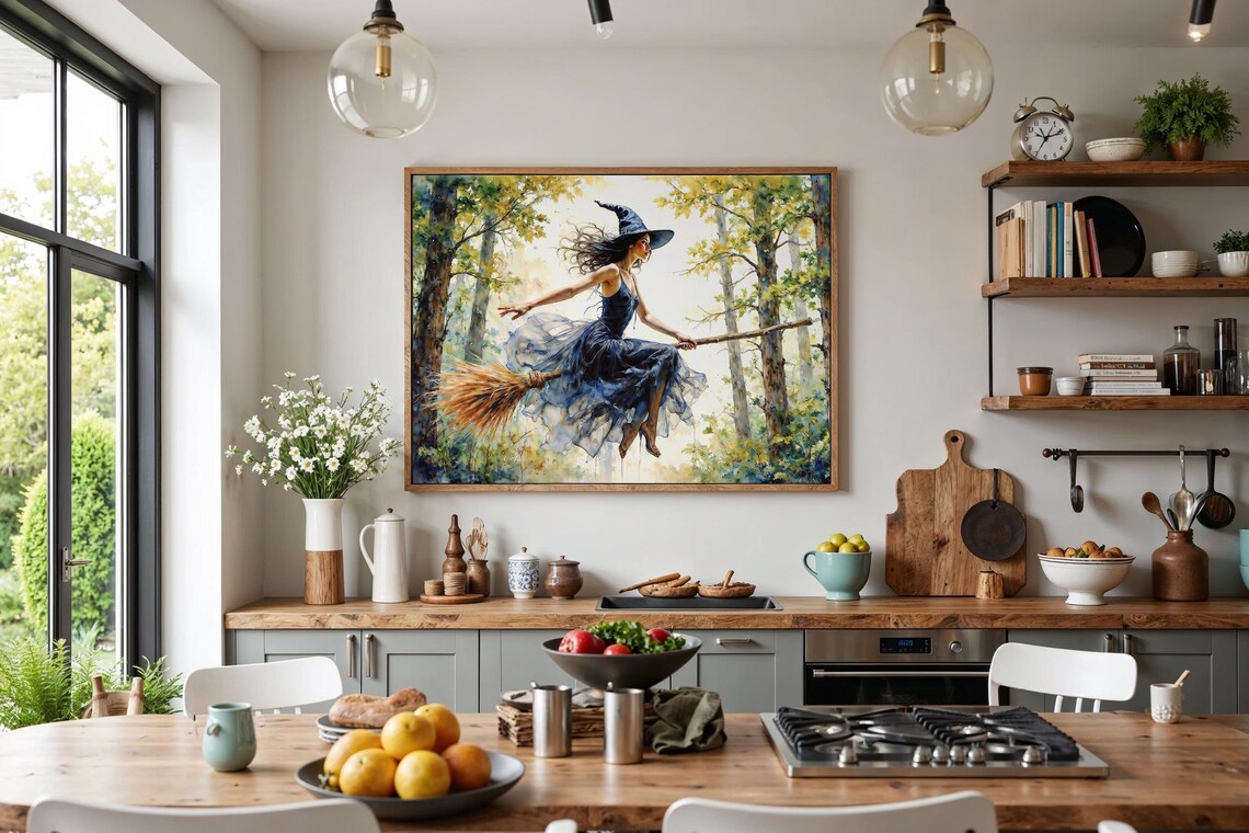Witch Flying on Broomstick Through Green Summer Forest Poster - Image 3