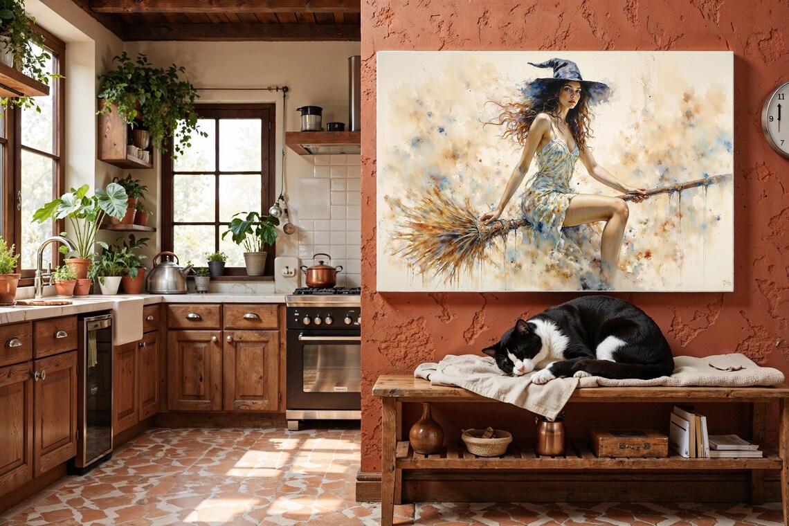 Beautiful Witch Flying on Broomstick Soft Dreamy Watercolor Poster - Image 2