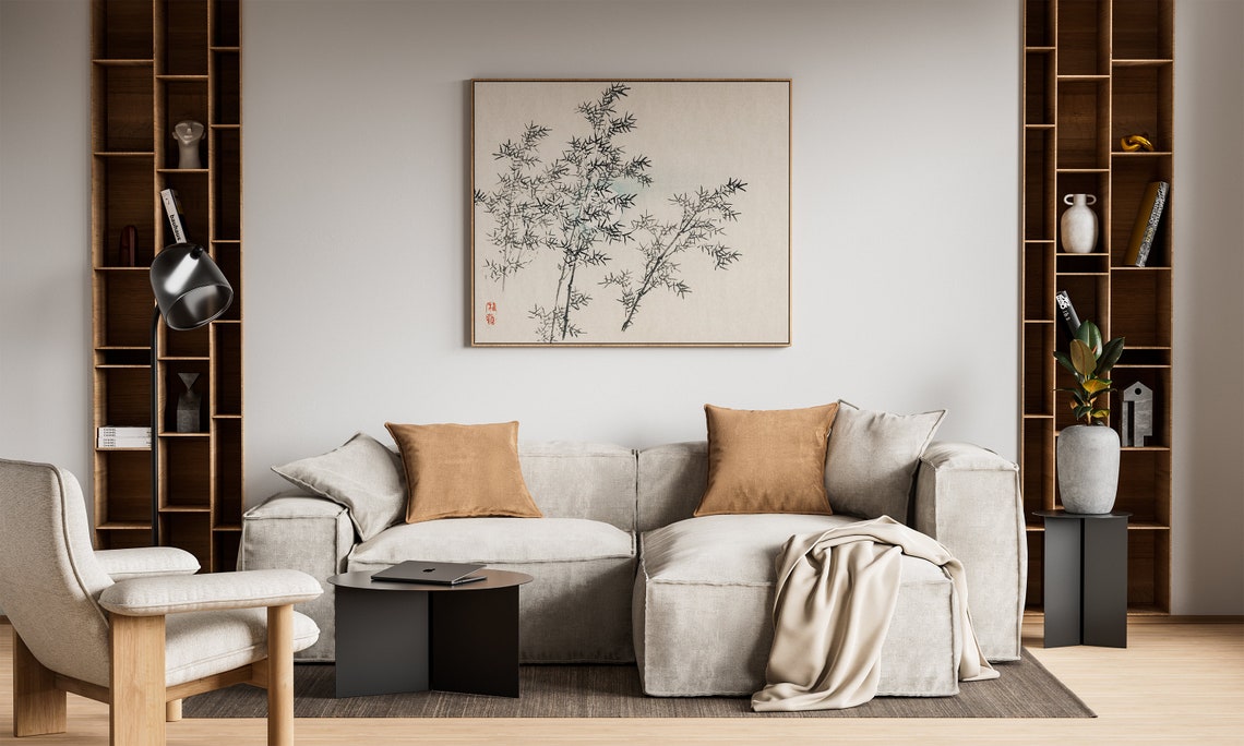 Delicate Japanese Bamboo Branches Ink Drawing with Red Seal Poster - Image 2