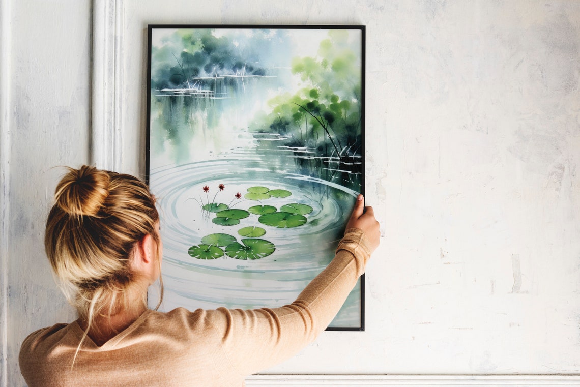 Water Lily Pond Ripples Watercolor Framed Botanical Nature Poster - Image 2